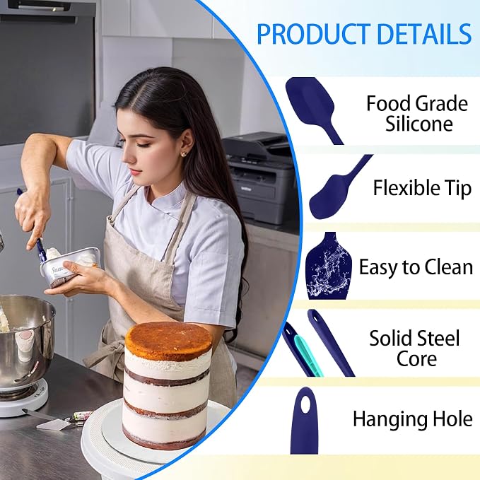 Silicone Spatula Set, Food Grade Rubber Spatula, 4 Pcs Heat Resistant Silicone Spatulas, One Piece Design Non-Stick Kitchen Utensils for Cooking, Stirring, Baking & Mixing, Dishwasher Safe (Blue)