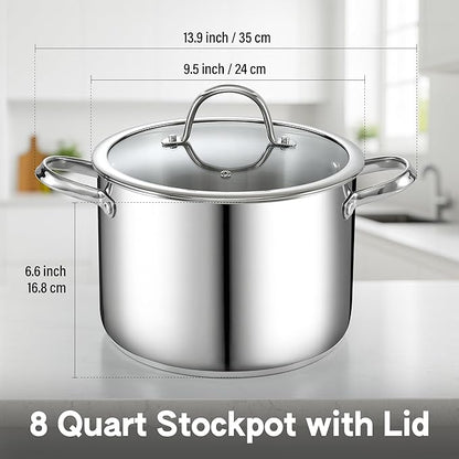 Cooks Standard Classic 8-Quart Stainless Steel Dutch Oven Casserole with Glass Lid, Large Dutch Oven Casserole for Soup, Stew, Chili & Pasta, Compatible with All Stovetops