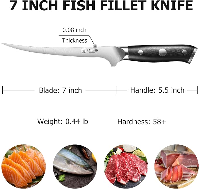 PAUDIN Fillet Knife, 7" Flexible Boning Knives with G10 Handle, Dishwasher Safe High Carbon German Steel Fish Knife for Meat Trimming, Deboning & Skinning,Professional Holiday BBQ Cooking Gift for Men
