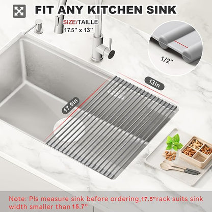 MERRYBOX Roll Up Dish Drying Rack, Over The Sink Dish Rack Foldable, Heat-Resistant, Anti-Slip Silicone Coated Steel Dish Drainer for Kitchen Sink, Multipurpose Roll Up Sink Drying Rack, 17.5" x 13"