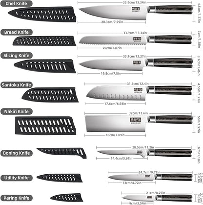 MDHAND Chef Knife Set with Roll Bag, 9PCS Professional Knife Sets with Sharpener, High Carbon Stainless Steel Japanese Kitchen Knives - Black Pakkawood Handle, Dishwasher Safe, For Cooking, Chef Gifts