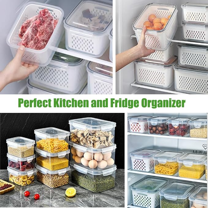 4 Pack Fruit Storage Containers for Fridge Keep Fresh - BPA Free Fresh Food Containers with Removable Colander, Produce Saver Keeper for Berry Lettuce Vegetables, Salad, Dishwasher & Microwave Safe
