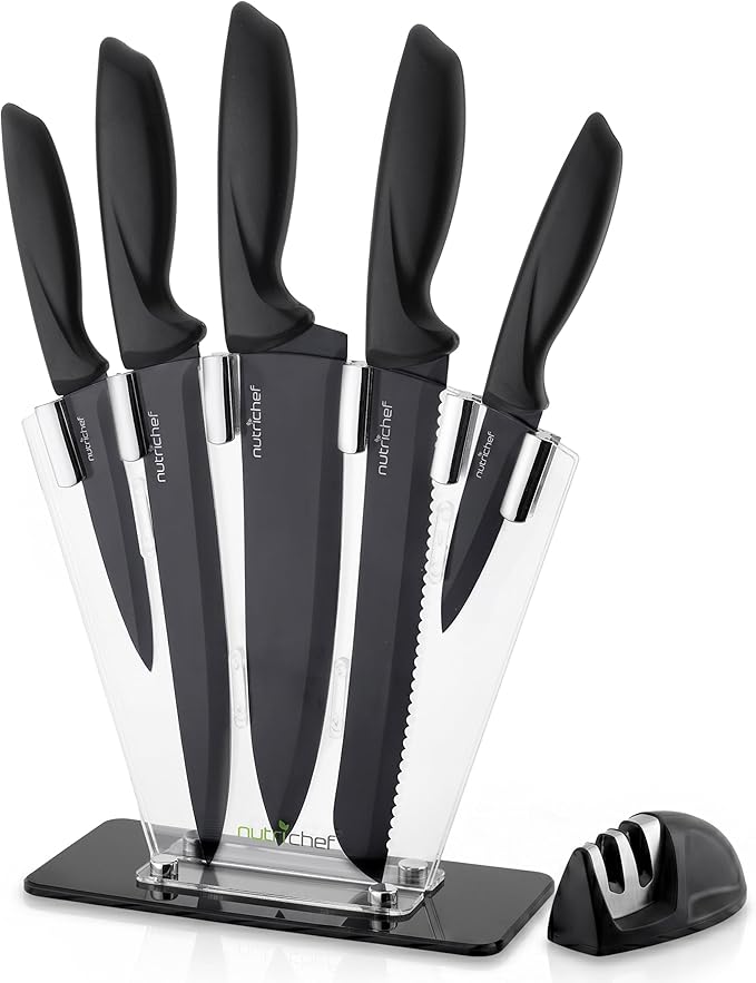 NutriChef 7 Piece Kitchen Knife Set - Stainless Steel Kitchen Precision Knives Set w/ 5 Knives & Bonus Sharpener, Acrylic Block Stand - Cutting Slicing, Chopping, Dicing - NCKNS7X