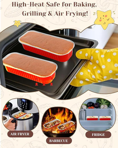 YQER 100 Pack Red Mini Cake Pans with Lids and Spoons, 6.8 oz Disposable Aluminum Foil Mini Loaf Pans with Stickers, Individual Dessert Cake Tins Containers for Valentine Gifts, Holidays, Parties