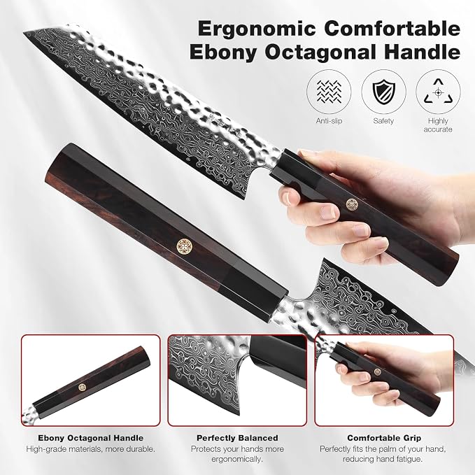 Kiritsuke Chef Knife 8 Inch, Hand-forged 67-Layer VG10 High Carbon Steel Japanese Damascus Chef Knife, Ultra Sharp Hammered Damascus Chef Knife with Octagonal Ebony Handle & Gift Box