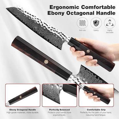 Kiritsuke Chef Knife 8 Inch, Hand-forged 67-Layer VG10 High Carbon Steel Japanese Damascus Chef Knife, Ultra Sharp Hammered Damascus Chef Knife with Octagonal Ebony Handle & Gift Box