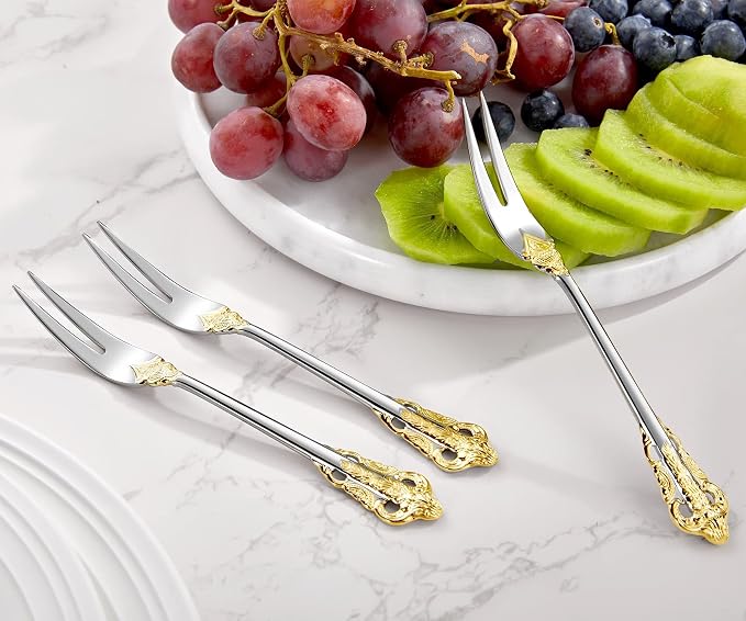 KEAWELL Luxury 6.3" Food Fork/Seafood Forks 18/10 Stainless Steel, Set of 6, Fruit Picks/Cocktail Forks/Charcuterie Accessories/Cocktail Picks for Appetizer, Cocktail, Pastry, Dessert (Gold Accent)