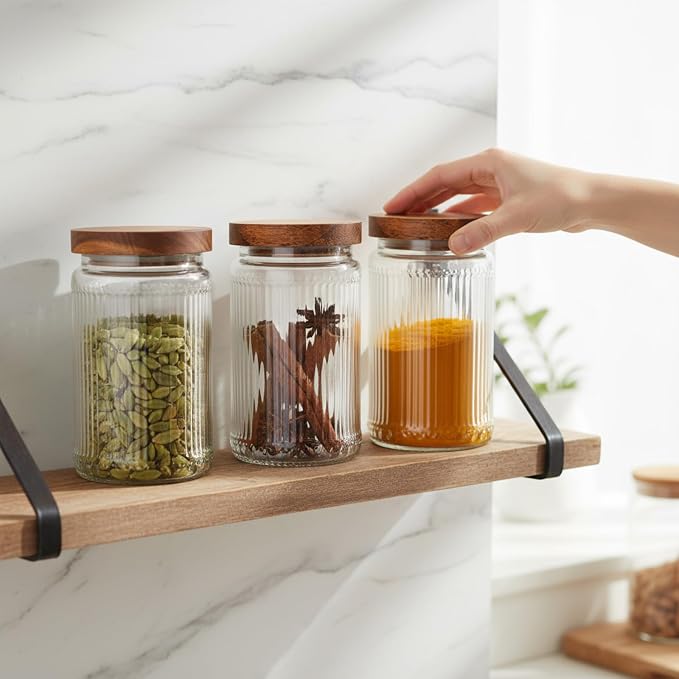 6 Pcs 1000ml/34 oz Vintage Glass Storage Jar Glass Containers with Wood Lid Ribbed Pattern Airtight Kitchen Spice Containers for Pantry, Coffee Bean, Grains, Tea, Sugar, Flour, Candy, Oats