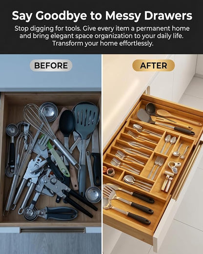 Expandable Bamboo Silverware Drawer Organizer – Adjustable 33" Wide Wooden Utensil Tray with 11-Compartments, Large Kitchen Flatware & Spoon Holder, Natural Solid Wood for Drawers