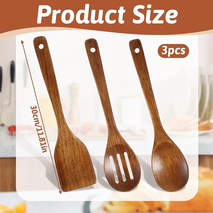 3PCS Wooden Spoons for Cooking 12 inch Non Scratch Woodens Spatulas Set Includes Slotted Spoon Woodens Spoon & Wooden Spatula for Stirring Frying Mixing Sauteing