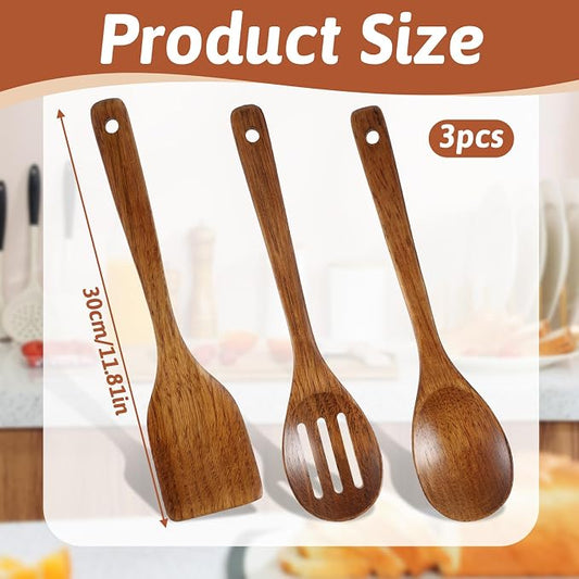 3PCS Wooden Spoons for Cooking 12 inch Non Scratch Woodens Spatulas Set Includes Slotted Spoon Woodens Spoon & Wooden Spatula for Stirring Frying Mixing Sauteing