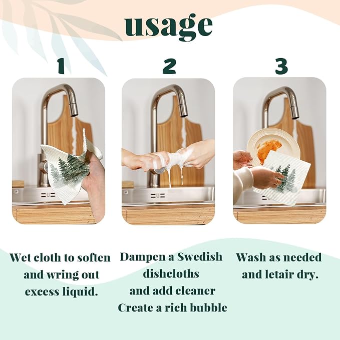 Christmas Pine Tree Winter Swedish Dishcloths for Kitchen, Swedish Dish Cloths for Christmas Tree, Papaya Reusable Paper Towels, 4 Pack Dish Towels for kitchen, Reusable Paper Towels Washable