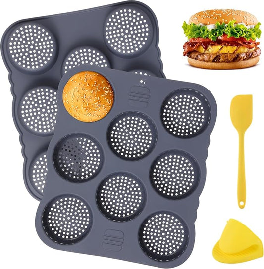 Generic 2 Pcs Hamburger Bun Molds, 8-Cup Silicone Burger Bun Pans with Spatula and Grab Glove, Nonstick Perforated Baking Pans, Rectangular Bread Molds, Dishwasher and Microwave Safe