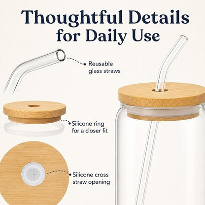 Glass Cups with Lids and Straws Set of 12, 16 oz Can Glasses with Bamboo Lids and Glass Straws, Iced Coffee Cups for Coffee Bar, Cocktails, Summer Parties, Family Gatherings and Housewarming