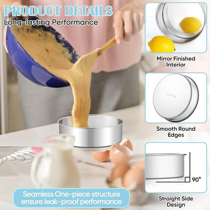 TeamFar 6 Inch Cake Pan, 2 Pcs Round Tier Cake Pan Set Stainless Steel for Baking Steaming Serving, Fit in Oven Pot Air Fryer, Healthy & Heavy Duty, Mirror Finish & Easy Clean, Dishwasher Safe
