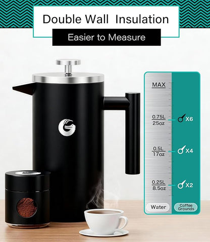 Coffee Gator 304 Grade Stainless Steel French Press Coffee Maker 34 oz, Double Wall Insulated Hot Cold Brew Teapot with 4-Level Filtration System, Include Travel Jar Canister, Rust-Free, Travel, Black