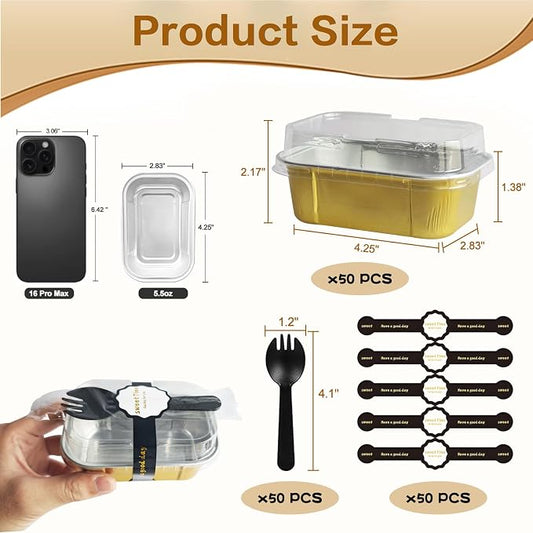 mini loaf pans with lids and spoons 50 Pack,5.5 oz Rectangle mini individual cake tins Disposable Small Aluminum Foil Baking pans(50, Gold)