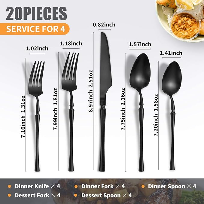 Lemeya 20 Piece Matte Black Silverware Set,18/10 Stainless Steel Flatware Set Service for 4,Unique Cutlery Set with Canton Tower Handle,Forks Spoons and Knives Set,Dishwasher Safe