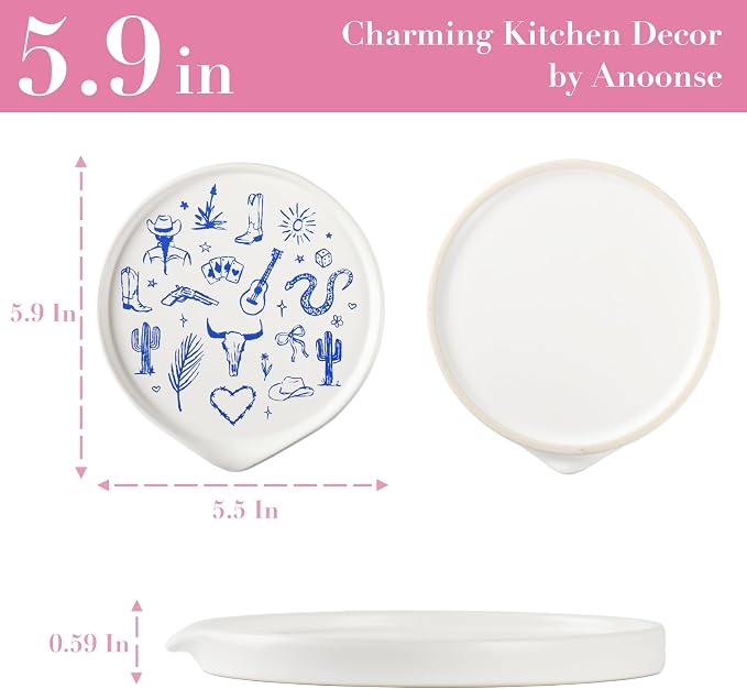 Ceramic Spoon Rest for Stove Top - Cute Spoon Holder for Kitchen Counter - White Coffee Spoon Rest Utensil Rest Spatula Rest - Farmhouse Kitchen Counter Decor (Western Spoon Rest)