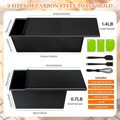 Pullman Loaf Pan Set with Lids – 2 Pack Nonstick Bread Pans for Baking, 2.2lb & 1lb Dough Capacity, Carbon Steel Sandwich Toast Mold for Shokupan, Pain de Mie & Sourdough with Baking Tools