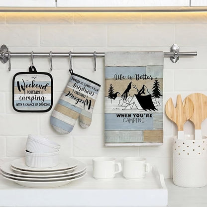 Sratte 6 Pcs Kitchen Decor Accessories Set Farmhouse Towels Pot Holders Oven Mitts Set 2 Dish Towels 2 Potholders 2 Cooking Mittens Oven Glove for Christmas Baking Cooking(Striped Color)
