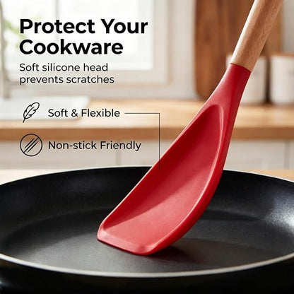 Cooking Spoon for Nonstick Cookwares,Cedar and Ash Spoon, Multifunction Spatula Cooking Spoon, Perfect Silicone Spoon for Mixing, Scoop, and Scrape(RED)