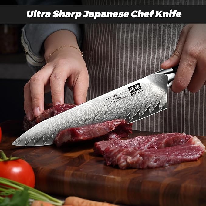 SHAN ZU Damascus Chef Knife 8 inch, 67-Layer High Carbon Steel Kitchen Knife,Ultra Sharp Japanese Chef Knife,Professional Kitchen Utility Knives with G10 Ergonomic Handle Cooking Knife with Gift Box