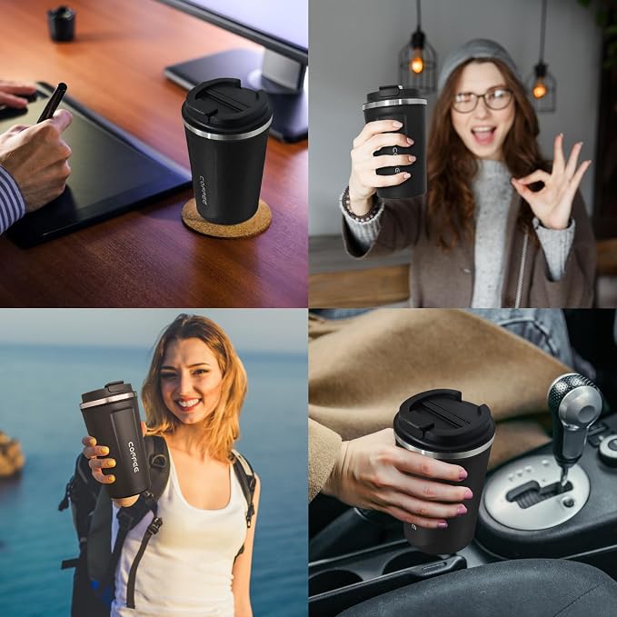 4 Pack Travel Coffee Mug 12oz Insulated Coffee Cup with Lid, Reusable Thermal Coffee Cup Stainless Steel Coffee Tumbler to Keep Hot & Cold Drinks for Car, Daily, Travel and Gifts, Black