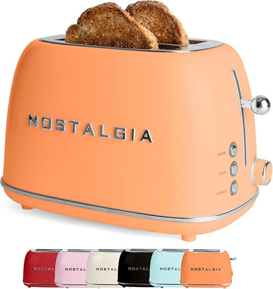 Nostalgia Classic Retro 2-Slice Toaster- Vintage Design- Enamel Coated Steel Body- Wide Slots for all Breads- Crumb Tray, Cord Storage- Defrost,Cancel and Bagel Function & 6 Toasting Levels- Orange