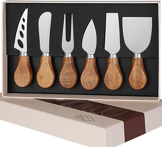 6 Pieces Cheese Knife Set,Cheese Knives Cheese Slicer Cheese Cutter Cheese Fork,Cheese Spreading Knife,Wood Handle Stainless Steel Slicer for Charcuterie Boards Cutlery Gift Set