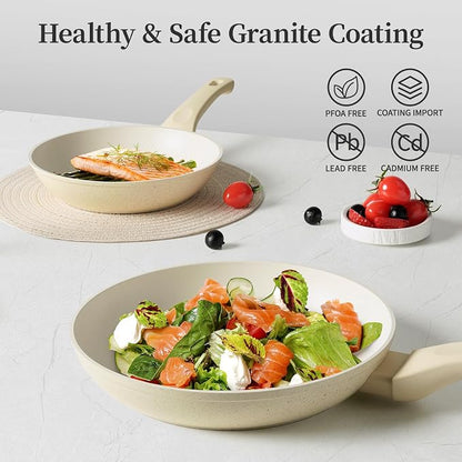 Frying Pan Set with Lids - Nonstick Frying Pan of 3, Non Stick Granite Cookware Set, Induction Egg Omelette Cooking Skillet W/Lid, Healthy No Toxic Cookware, PFOA Free