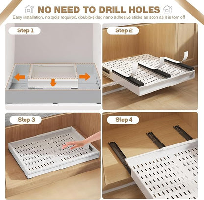 Seinloes Pull Out Cabinet Organizer, 4-Side Expandable to Fit Most Cabinets, 3 Rail Slide Out Drawers with Raising Pad for Framed & Frameless Cabinets, 13"-21" W x 17"-24" D, White, 4 Pack