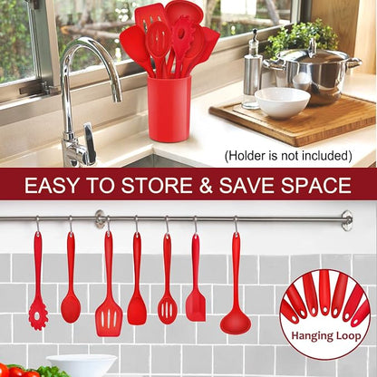P&P CHEF Silicone Cooking Utensils Set of 7, Heat-proof Kitchen Utensils Set for Nonstick Cookware, Non-stick Spatula, Slotted Turner, Soup Ladle, Pasta Server, Spoon for Cooking Serving - Red