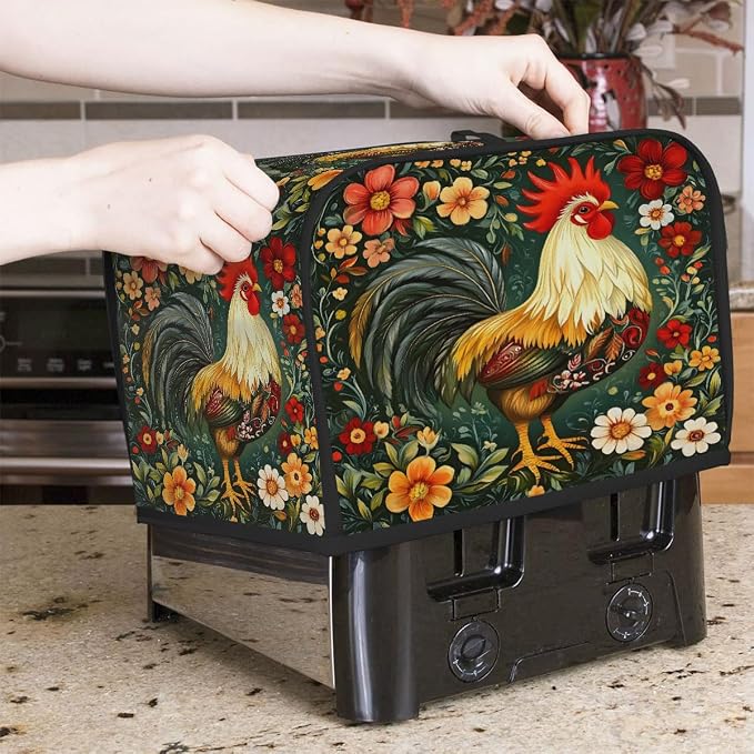 4 Slice Green Flower Rooster Toaster Cover Waterproof Dust Fingerprint Bread Machine Cover Washable Kitchen Appliance Protector For Home Kitchen Bakeware Table Decor Women Gifts