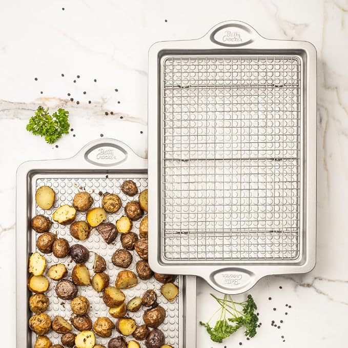 Betty Crocker Bakeware Bundle: Cooling & Icing Rack, Rectangular Pan, 12-Cup Muffin Pan, 9" Round -Loaf-Pan, Baking Sheet - All Durable Steel and Perfect for Baking right away.