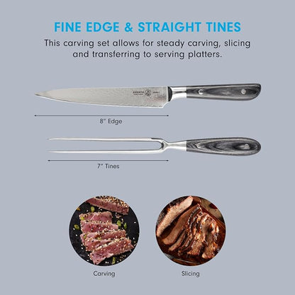 Messermeister Avanta Damascus Kullenschliff Carving Set - Includes 8” Carving & Slicing Knife + 7” Fork - Japanese Damascus Stainless Steel - Pakkawood Handle - Rust Resistant & Easy to Maintain