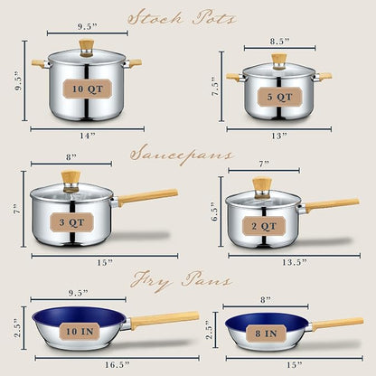 Concord 10 Piece Stainless Steel Cookware Set, includes Saucepans, Stock Pots and Pans/Skillets