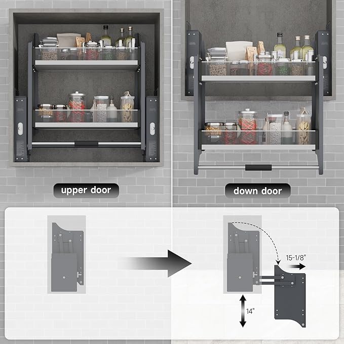Pull Down Shelf Organizer, 26''~28'', White | Heavy Duty, Kitchen Upper Cabinet, 2-Tier, Adjustable Width, for Kitchen Upper Cabinet