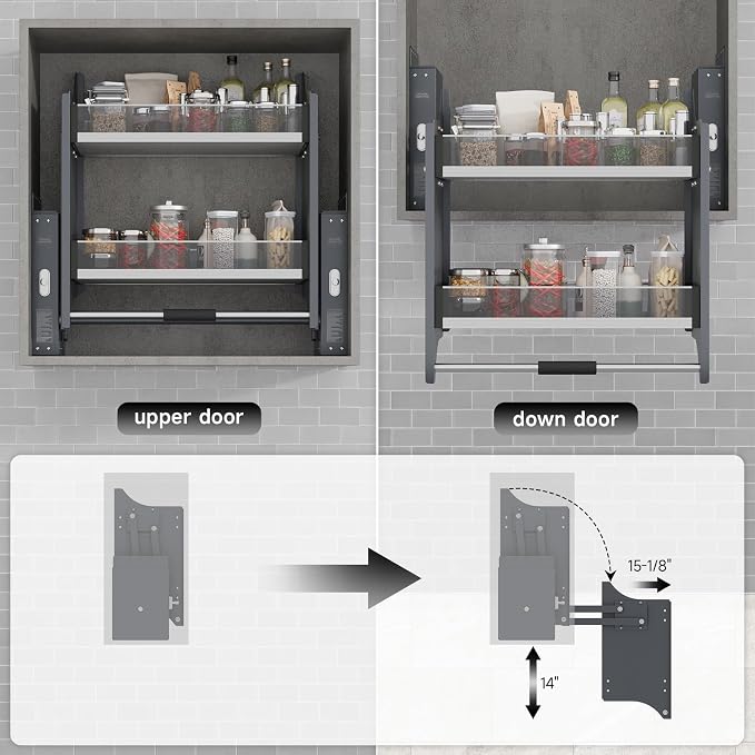 Pull Down Shelf Organizer, 30''~32'', Grey | Heavy Duty, Kitchen Upper Cabinet, 2-Tier, Adjustable Width, for Kitchen Upper Cabinet