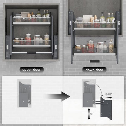 Pull Down Shelf Organizer, 26''~28'', Grey | Heavy Duty, Kitchen Upper Cabinet, 2-Tier, Adjustable Width, for Kitchen Upper Cabinet