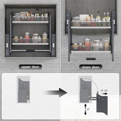 Pull Down Shelf Organizer, 22''~24'', Grey | Heavy Duty, Kitchen Upper Cabinet, 2-Tier, Adjustable Width, for Kitchen Upper Cabinet
