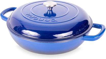 Shallow Cast Iron Casserole with Lid – Non Stick Dutch Oven Pot, Oven Safe up to 500° F – Sturdy Ovenproof Stockpot Cookware – Enamelled Cooking Pot – Dark Blue, 5-Quart, 32cm – by Nuovva