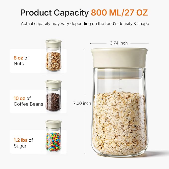 Upgraded Rotary Airtight Glass Jar with Lid, Borosilicate Coffee Storage Container, 800ml/27oz Stackable Pantry Organizer for Coffee Beans Grounds, Pasta, Flour, Nuts, Sugar, Candy, Snack