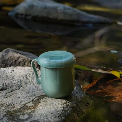 Tea Infuser Mug with Lid, 12oz Handcrafted Celadon Loose Leaf Cup — Ceramic Strainer Brewing Mug, Sage Green Japandi Drinkware, Gift for Tea Lovers