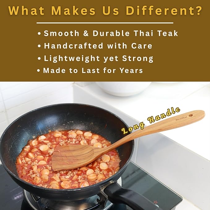 SarnThai Handmade Teak Wood Spatula – Durable Wooden Turner for Stir Fry Cooking, Long Handle Natural Cooking Utensil for Non-Stick Pans & Woks
