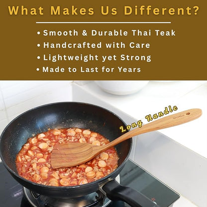 SarnThai Handmade Teak Wood Spatula – Durable Wooden Turner for Stir Fry Cooking, Long Handle Natural Cooking Utensil for Non-Stick Pans & Woks