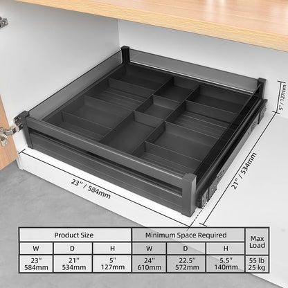YOHOM Pull Out Cabinet Organizer – 23" W x 21" D Aluminum & Glass Drawer Organizer with Removable Dividers, Heavy Duty Pull Out Shelf for Kitchen Cabinets, Sliding Storage Tray, DIY Single Tier