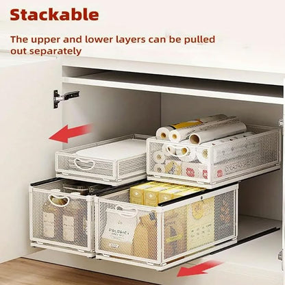 Pull out Cabinet Organizer with Sliding Drawer, 1 Pack Under Sink Organizers and Storage Rack, Adhesive Nano Film Heavy Duty Slide out Pantry Shelves for Kitchen,Sink, 9.6"W x11.8"D x 8.4"H