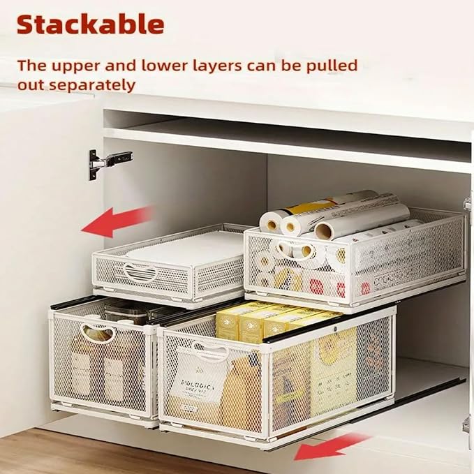 Pull out Cabinet Organizer with Sliding Drawer, 1 Pack Under Sink Organizers and Storage Rack, Adhesive Nano Film Heavy Duty Slide out Pantry Shelves for Kitchen,Sink, 9.6"W x15.7"D x 8.4"H