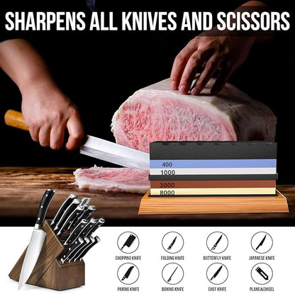 YeopAsda Knife Sharpening Stone Kit, Premium 4 Side Grit 400/1000 3000/8000 Whetstone Knife Sharpener Tool, Non-Slip Bamboo Base,Cut Resistant Gloves, Angle Guide